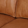 Sofa Laurie, canapé en cuir caramel et pieds de laiton antique pour un design sophistiqué Mid-Century par Maillé Style (Érik Maillé)