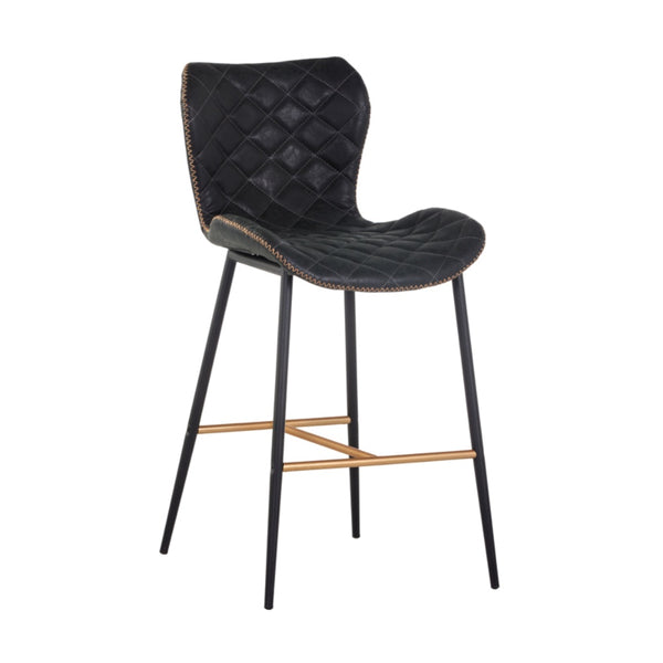 Tabouret de comptoir Lilas, tabouret avec une assise en cuir noir capitonné en losange et surpiqures apparentes en zigzag pour un design élégant par Maillé Style (Érik Maillé)