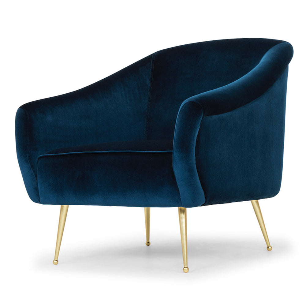 Chaise LUCIE, fauteuil en velours bleu nuit et pieds or brossé par Maillé Style (Érik Maillé)