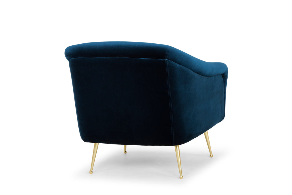 Chaise LUCIE, fauteuil en velours bleu nuit et pieds or brossé par Maillé Style (Érik Maillé)
