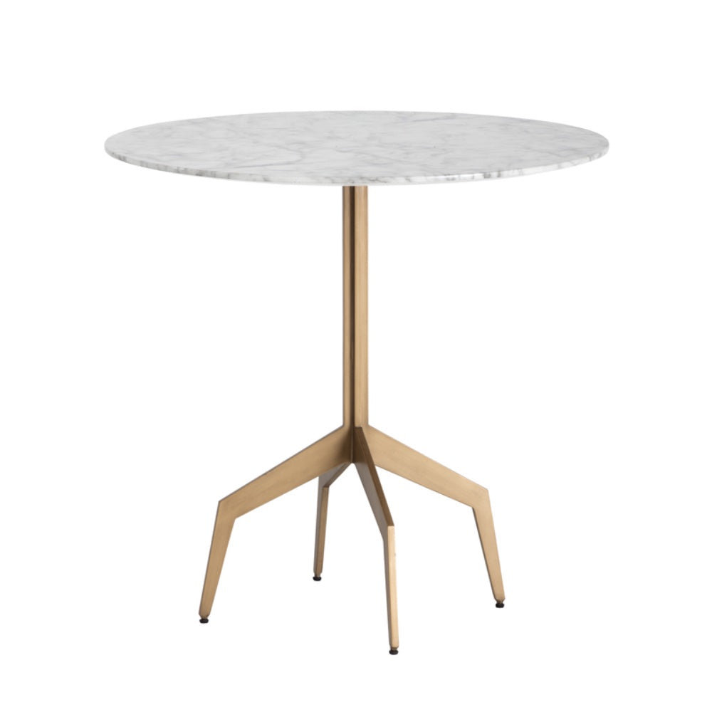 Table de salle à manger Lucille, table de style bistro pour espace réduit avec un pied araignée de laiton et un plateau en imitation marbre blanc pour un design contemporain et fin par Maillé Style (Érik Maillé)