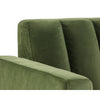 Chaise Marie, fauteuil d'appoint au design audacieux et confortable avec son velours vert capitonné en canaux pour le dossier et des pieds en bois espresso à capuchons en laiton par Maillé Style (Érik Maillé)