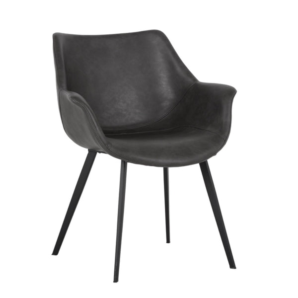 Chaise de salle à manger Matisse, chaise avec accoudoirs au design sculpté, urbain et confortable en similicuir gris foncé et aux pieds en acier noir par Maillé Style (Érik Maillé)