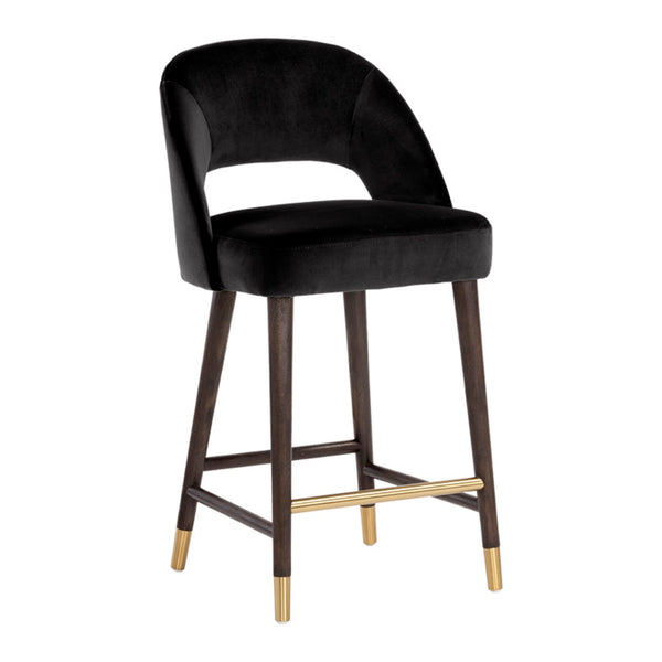 Tabouret de comptoir Monet, assise avec un dossier ouvert en velours noir et pieds de bois à embouts en laiton pour un design élégant, chic et vintage par Maillé Style (Érik Maillé)