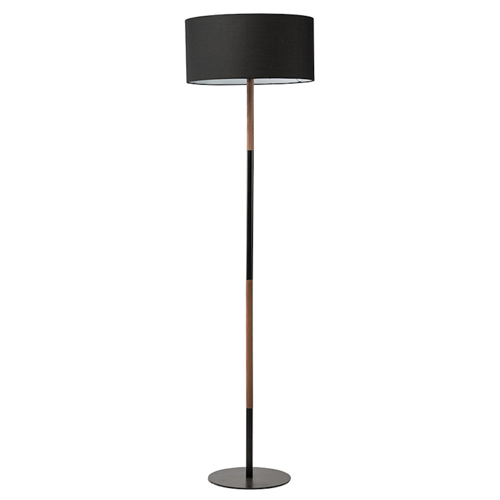 MONROE, lampe sur pied avec abat-jour en tissus noir et structure en métal noir et insertion de bois 