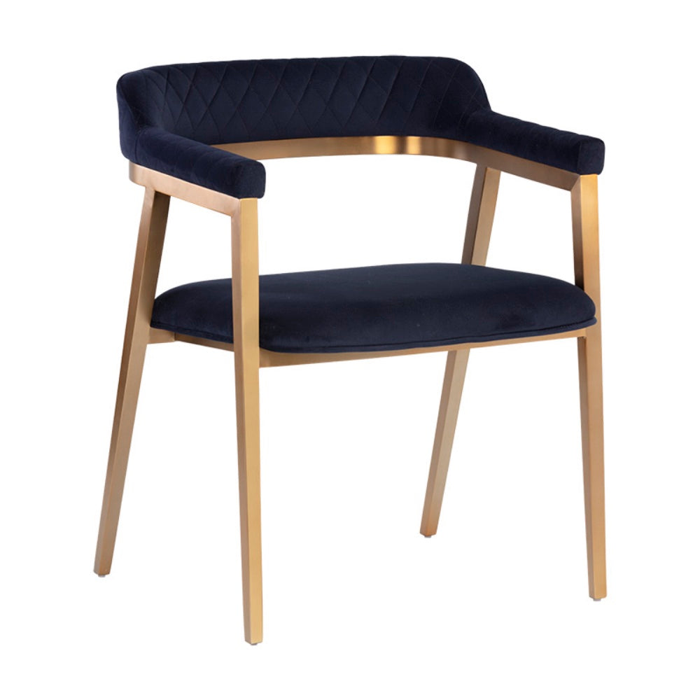 Chaise de salle à manger Précy, chaise avec accoudoirs en tissu bleu marin capitonné en diamant et structure dorée pour un design élégant par Maillé Style (Érik Maillé)