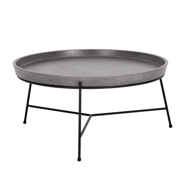 Table basse Rémi, table de salon tonde avec un dessus en forme de plateau en béton gris soutenu par une structure en acier noir pour un design élégant et discret par Maillé Style (Érik Maillé)