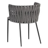 Chaise de salle à manger SARAH, chaise élégante et urbaine avec accoudoirs originale avec son dossier en tissu gris foncé tressé et sa base visible de métal noir par Maillé Style (Érik Maillé)