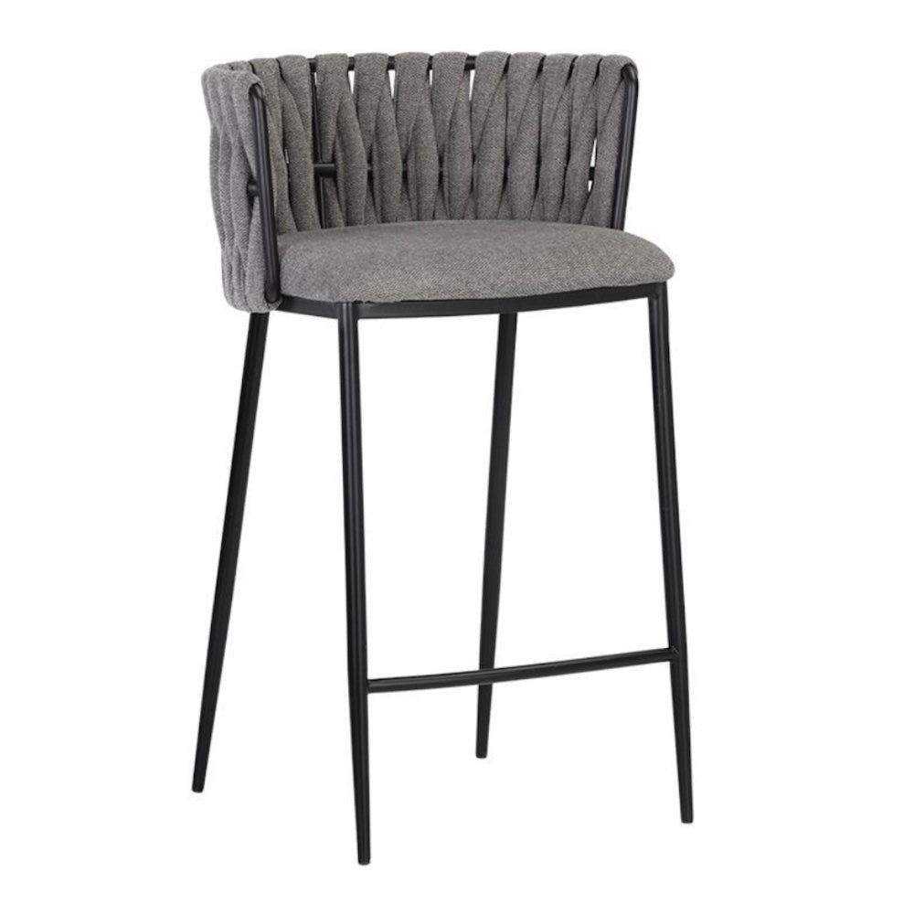 Tabouret de comptoir Sarah, tabouret original avec son dossier en tissu gris foncé tressé pour un design contemporain et urbain par Maillé Style (Érik Maillé)