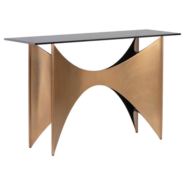 Console Sunny, table glamour aux pieds originaux avec un plateau en verre fumé par Maillé Style (Érik Maillé)