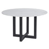 Table de salle à manger ZOLAN, table ronde composée d'un plateau en marbre blanc de Carrare et de pieds en bois noir pour un design contemporain et sophistiqué par Maillé Style (Érik Maillé)
