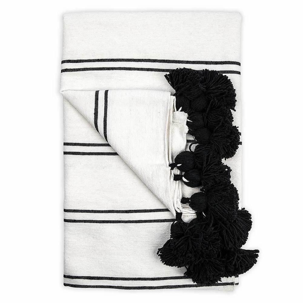 miche couverture à pompons blanche lignée noire erik Maille (Maillé Style)